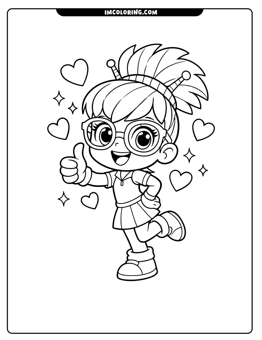 Outline of Abby Hatcher dancing and giving a thumbs-up on a white background