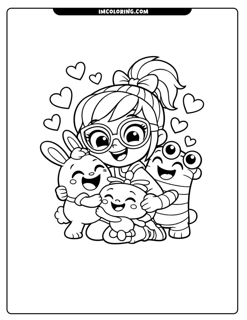 Printable coloring page featuring Abby Hatcher hugging Bozzly, Teeny Terry, and Otis