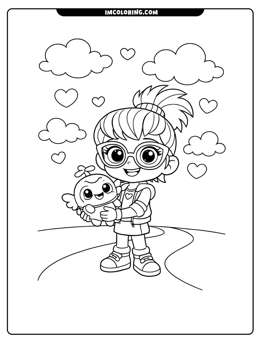 Kawaii style Abby Hatcher holding Teeny Terry on a path coloring picture