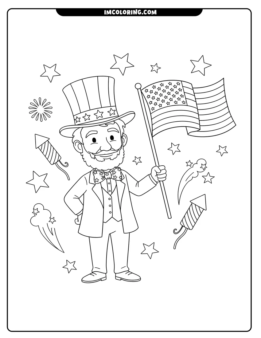 Printable coloring page of Friendly Abraham Lincoln in top hat holding an American flag