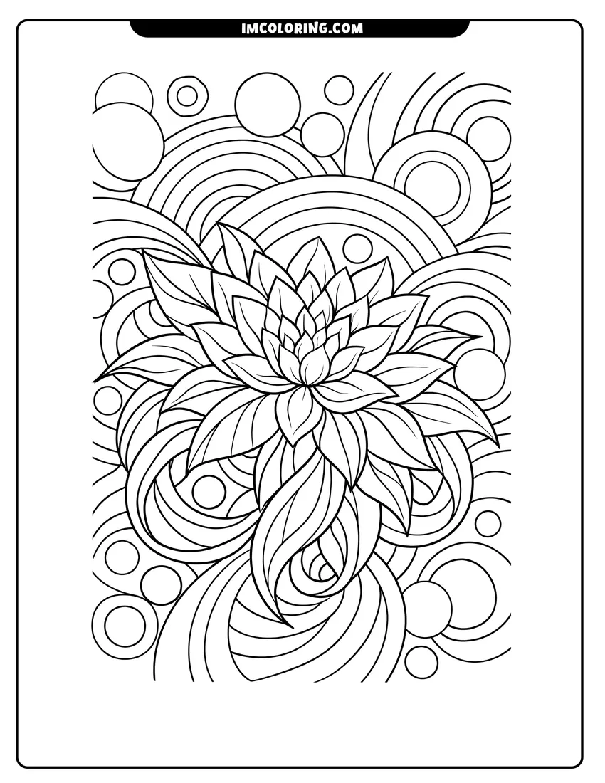 Kawaii style Abstract flower with flowing leaves and concentric arcs coloring picture