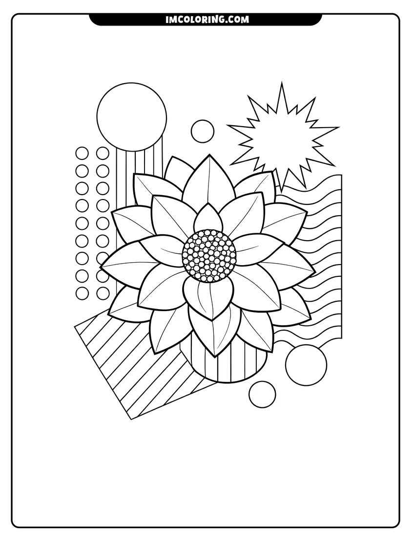 Simple sketch of Abstract flower with stars, circles, and wavy patterns for children