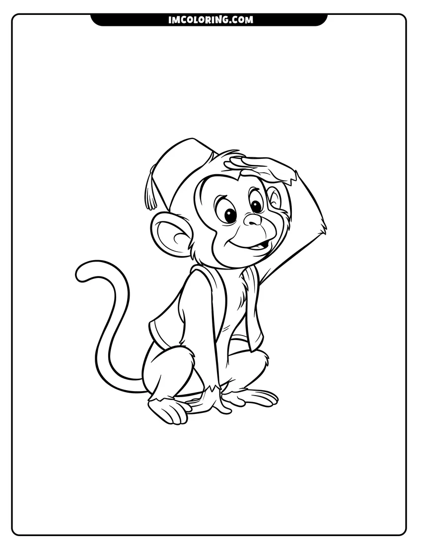 Printable Abu the monkey wearing a fez and vest looking ahead coloring activity