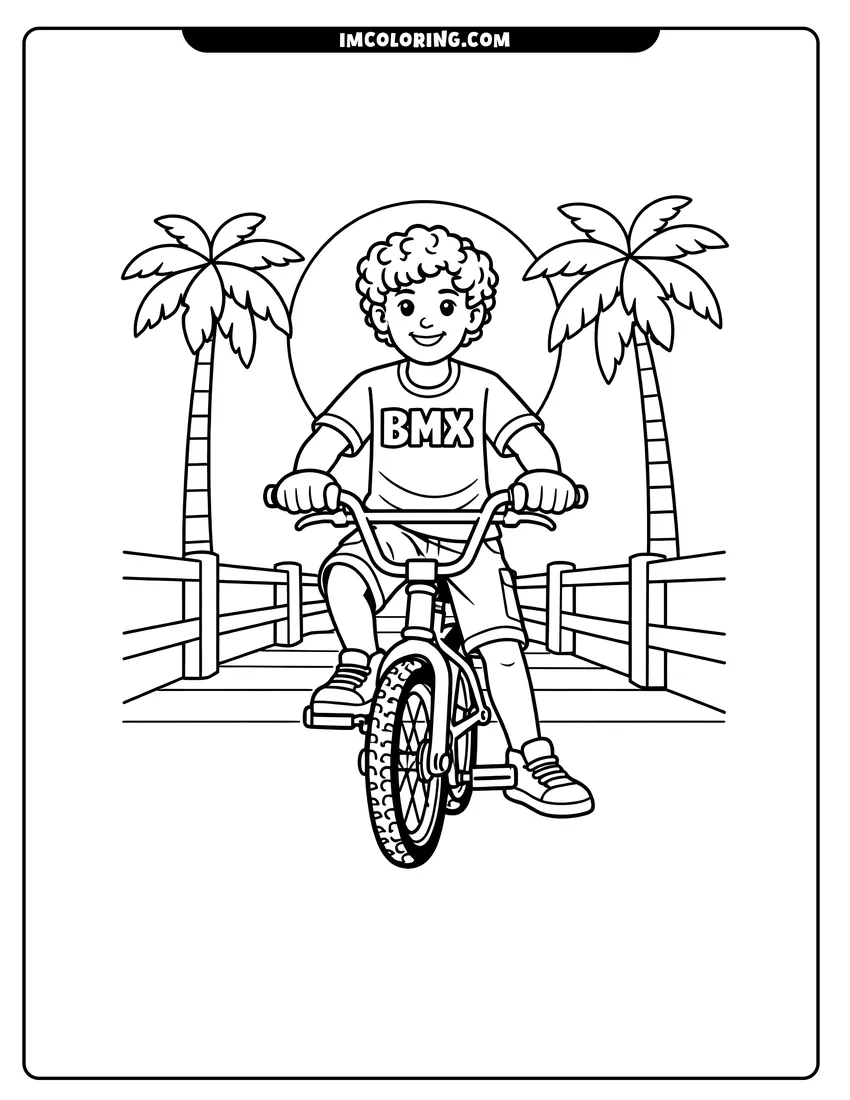 Printable 80S teen riding a BMX bike coloring activity