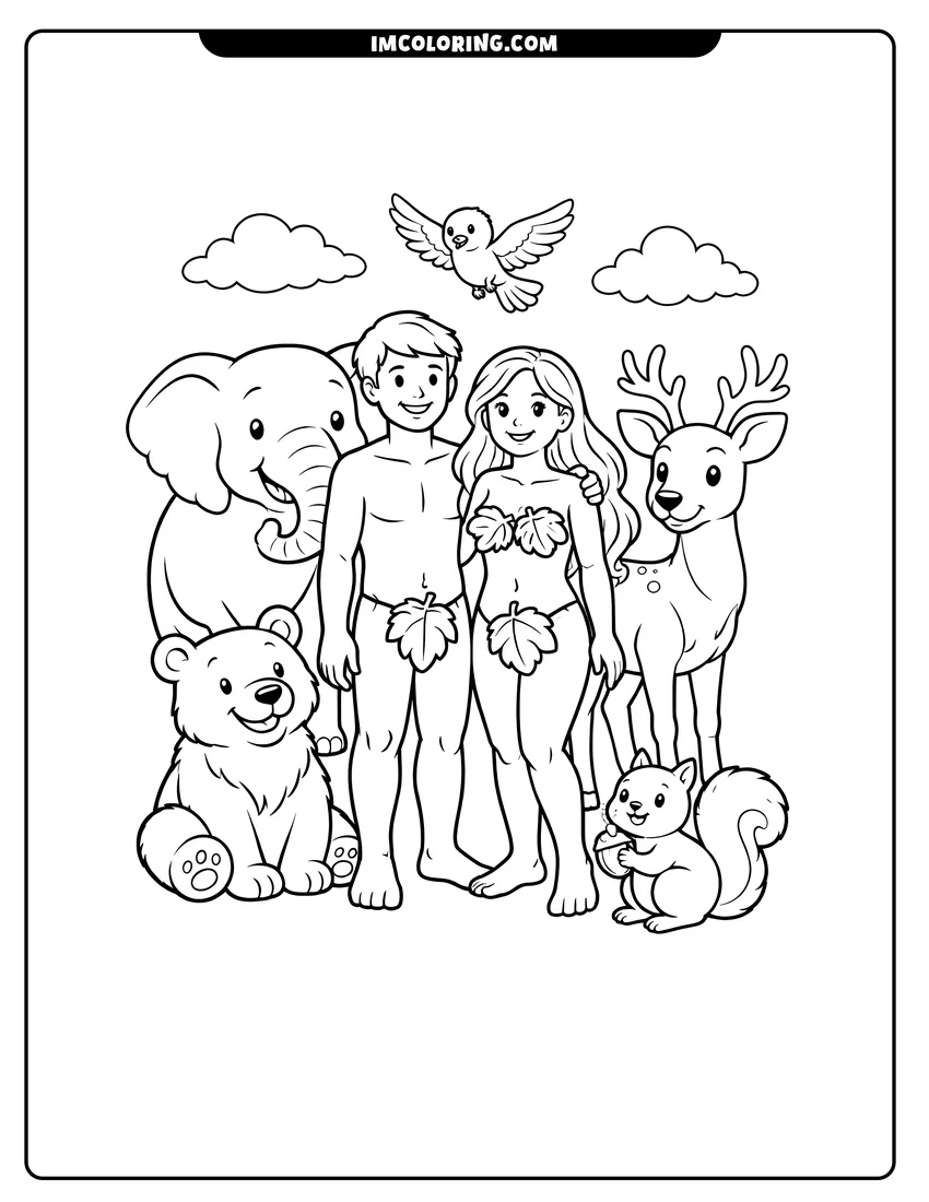 Illustration of Adam and Eve surrounded by various animals ready for painting