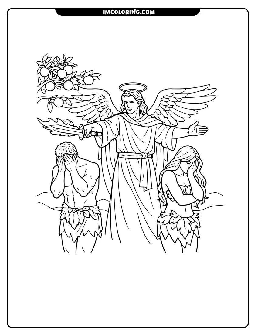 Outline of A stern angel banishing Adam and Eve on a white background