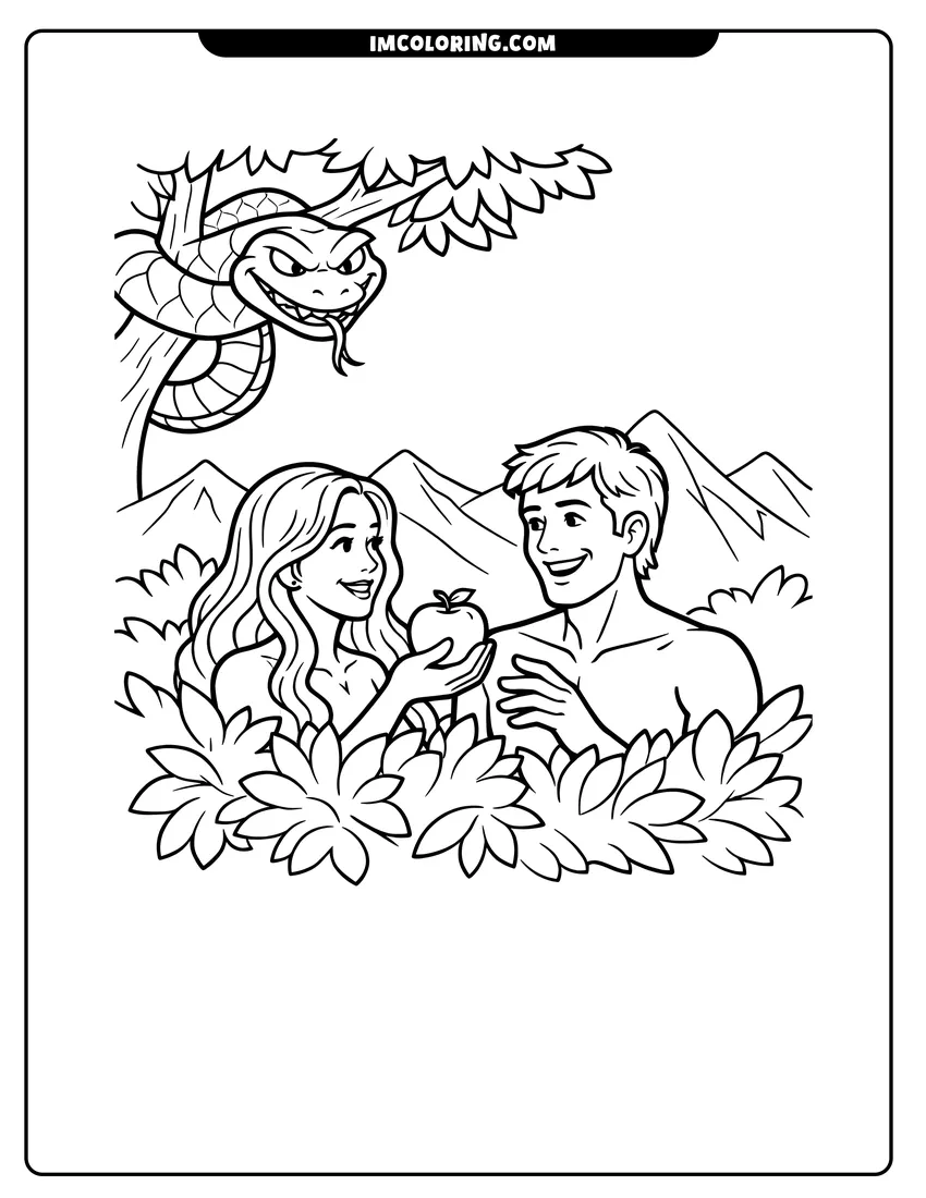 Detailed A grinning snake watching Adam and Eve from above design for coloring