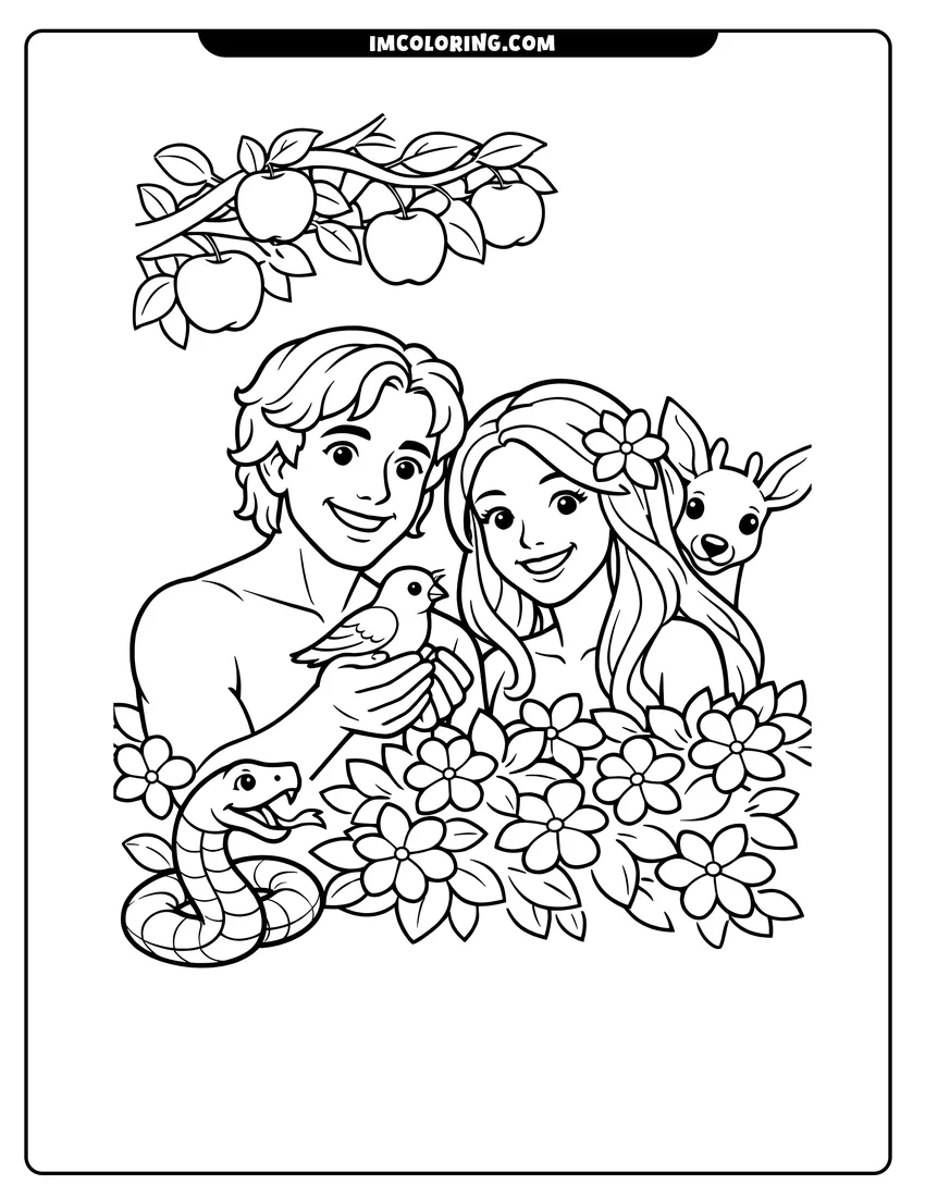 Easy-to-color Adam and Eve with a bird and deer illustration