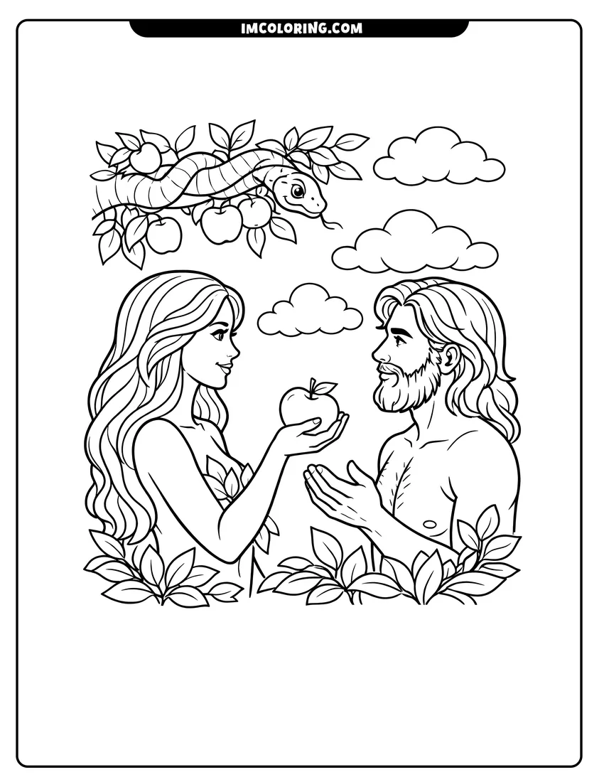 Simple line drawing of Eve offering an apple to Adam with snake