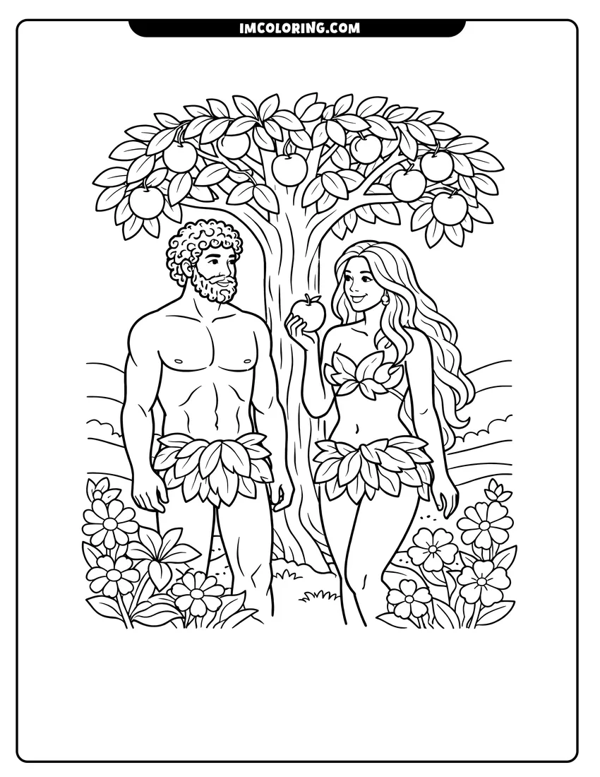 Scene showing Adam and Eve enjoying the view of rolling hills to color