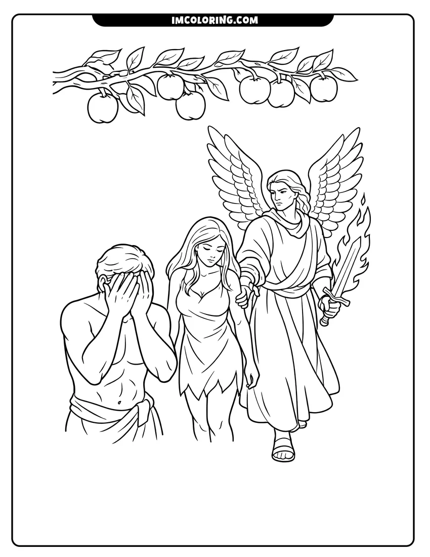 Simple line drawing of An angel leading Adam and Eve from the garden
