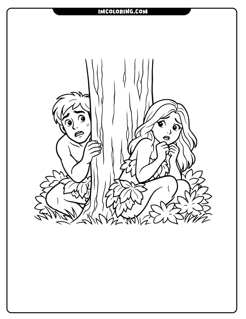 Easy-to-color Adam and Eve hiding behind a large tree trunk illustration