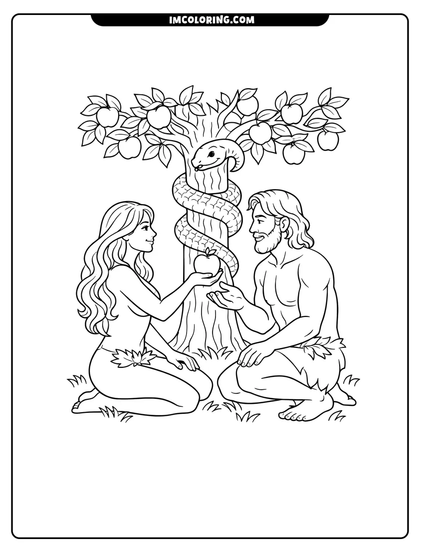 Printable coloring page featuring Adam and Eve kneeling under a tree