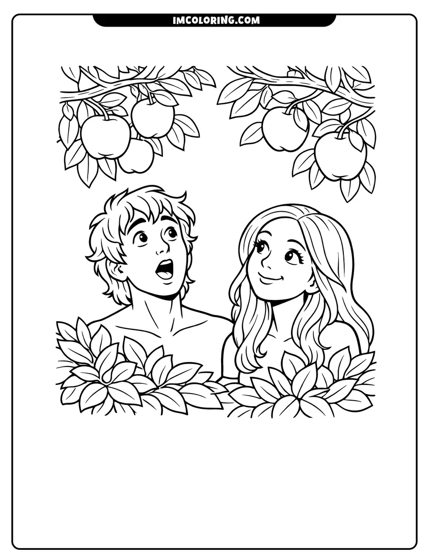 Printable Adam and Eve looking up at tree fruit coloring activity