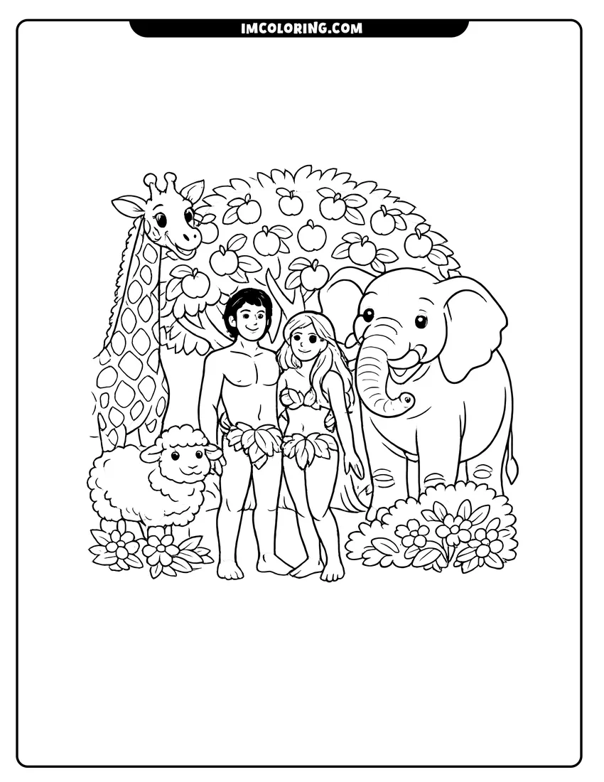 Simple sketch of Adam and Eve with a giraffe and elephant for children
