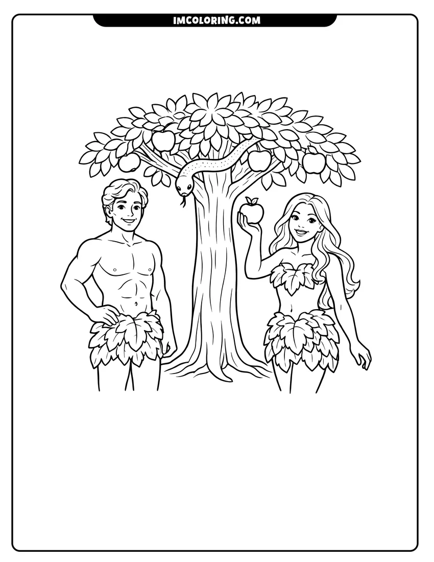 Kids activity sheet showing Adam and Eve standing by the Tree of Knowledge
