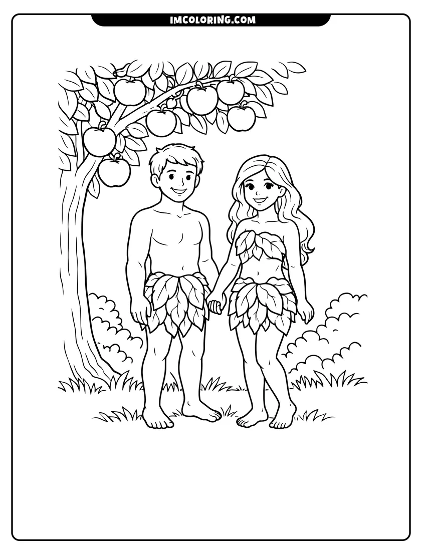Kawaii style Adam and Eve holding hands near an apple tree coloring picture