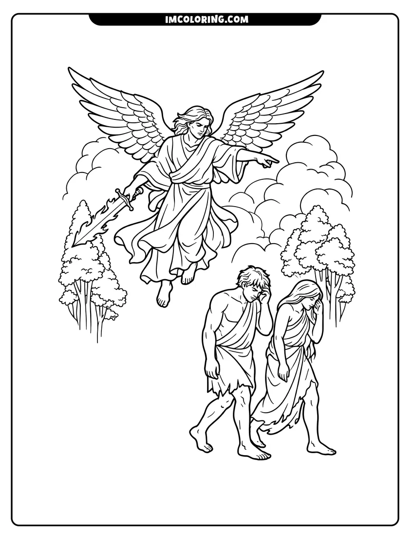 Detailed Adam and Eve walking away from the garden design for coloring