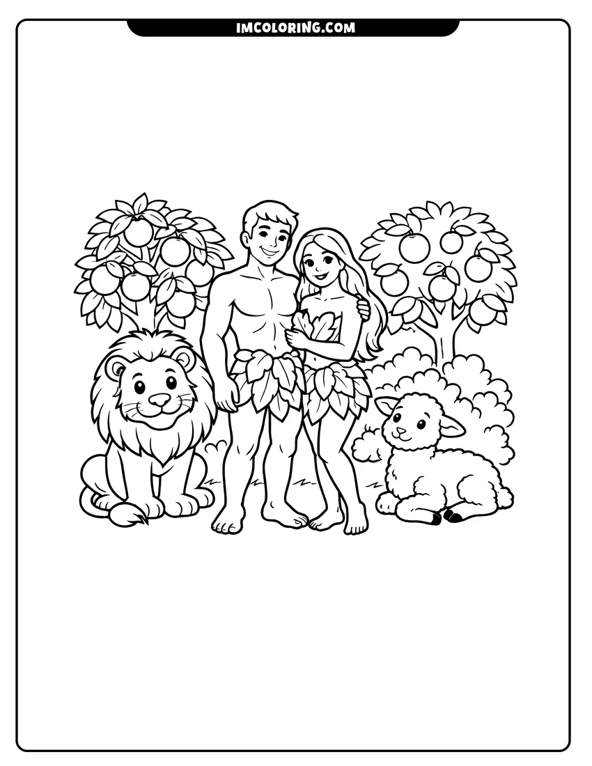 Coloring sheet of Adam and Eve with a lion and lamb for kids