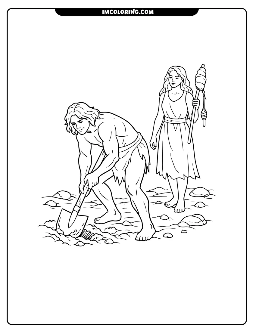 Printable Adam and Eve working together on rocky ground coloring activity