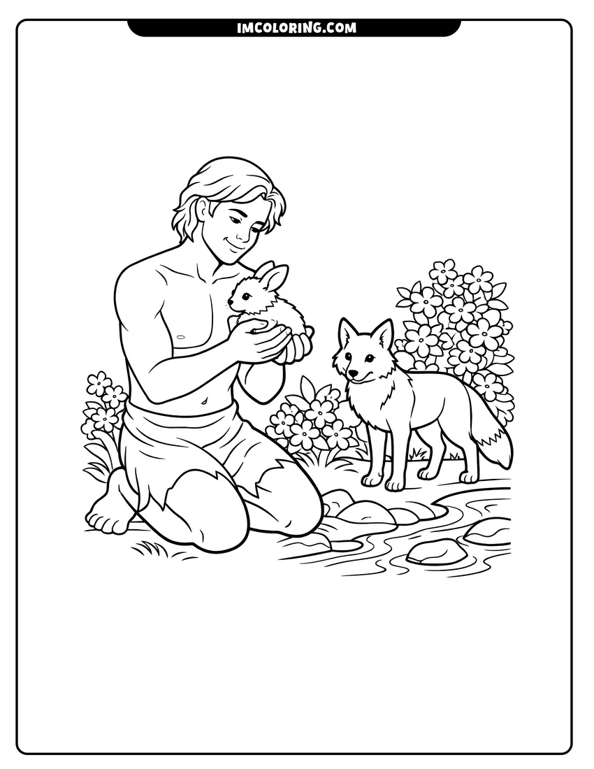 Adam kneeling in a garden with a rabbit coloring page for preschoolers