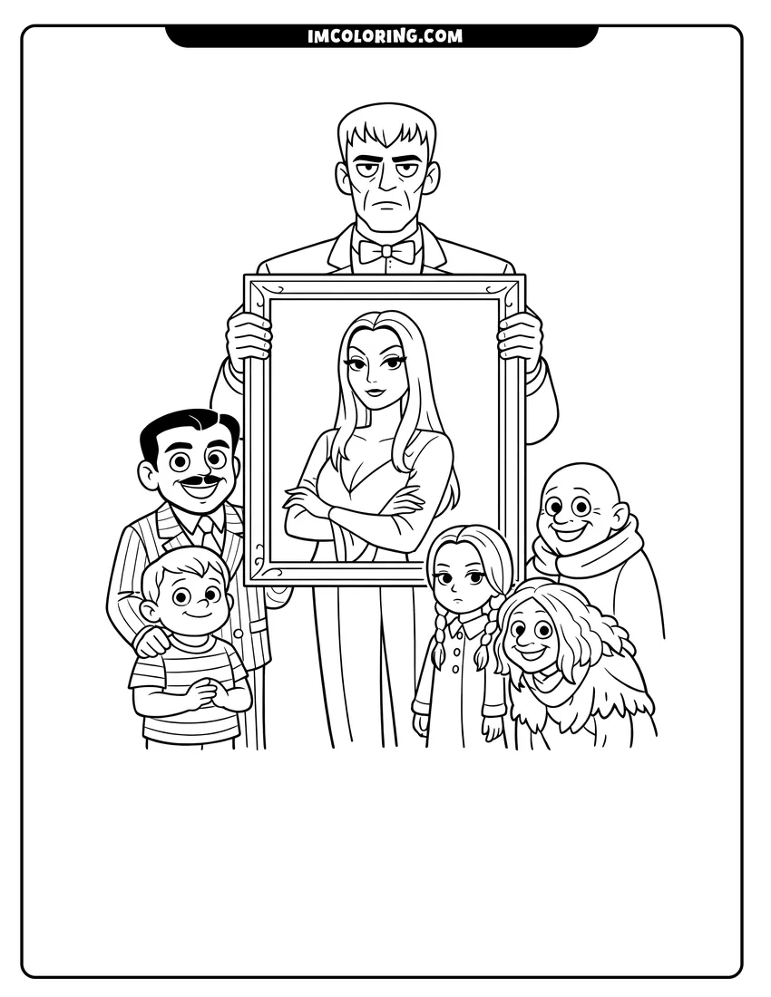 Coloring sheet of Gomez Wednesday Pugsley Grandmama and Uncle Fester with Morticia portrait for kids
