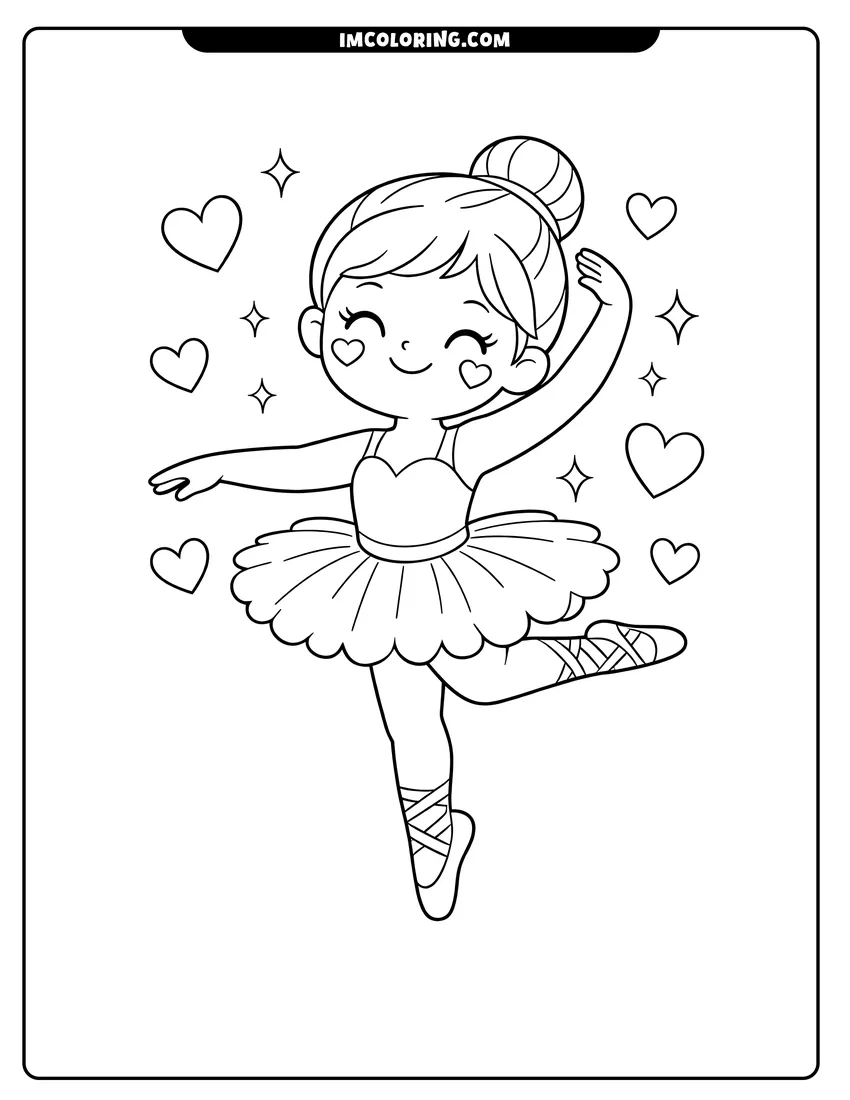 Coloring sheet of Adorable girl ballerina with hearts and stars for kids