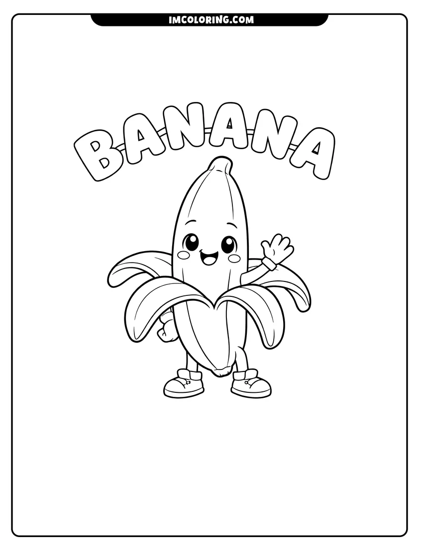 Cute Anthropomorphic banana standing under bubble letters outline for coloring