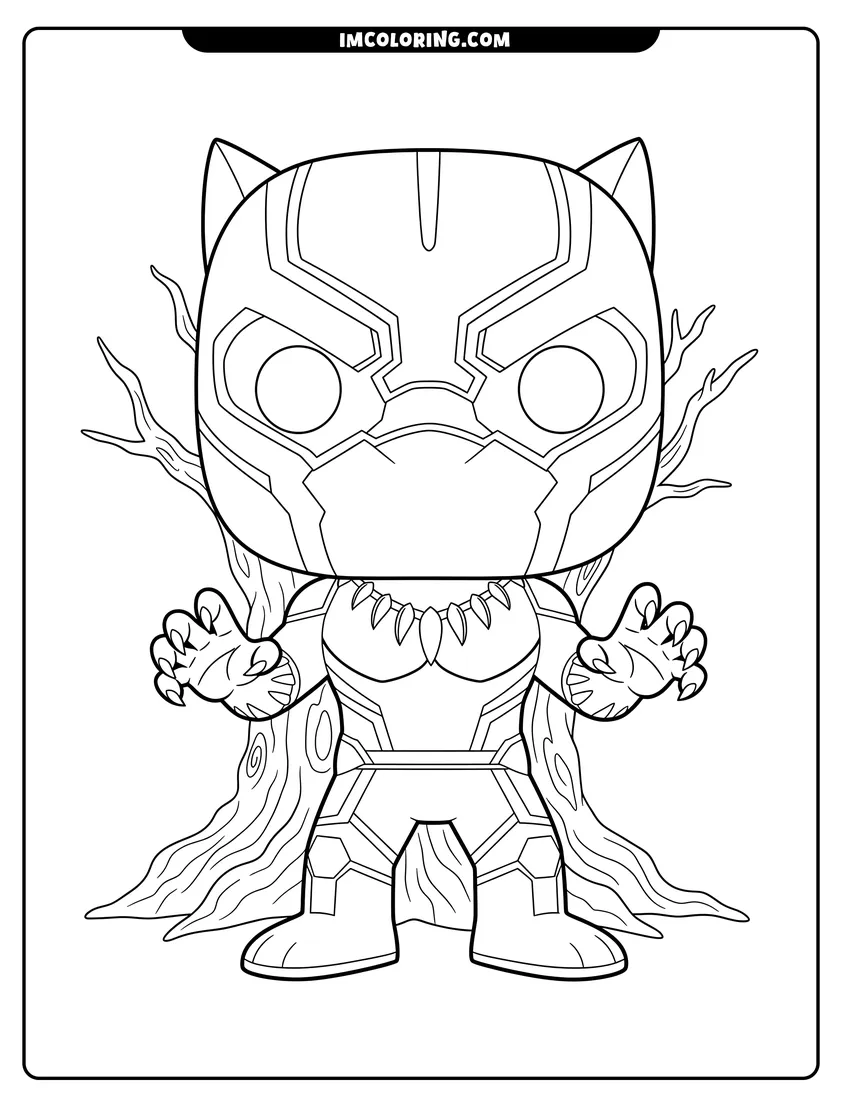 Detailed Funko Pop style Black Panther by a tree design for coloring