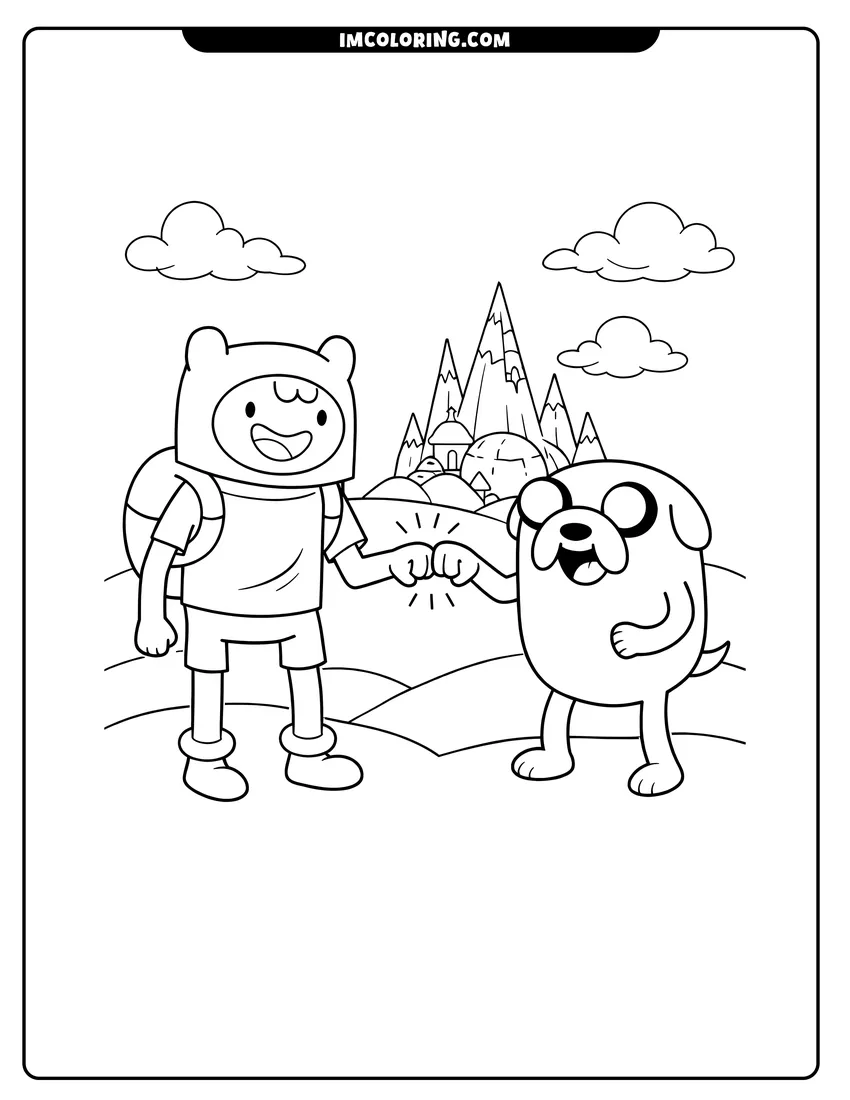 Printable coloring page featuring Finn and Jake sharing a fist bump