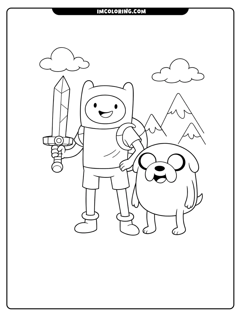 Simple sketch of Finn with sword and Jake standing for children