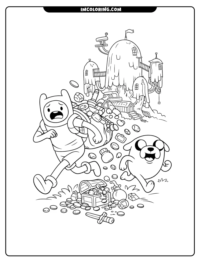 Cute Finn and Jake running with treasure outline for coloring