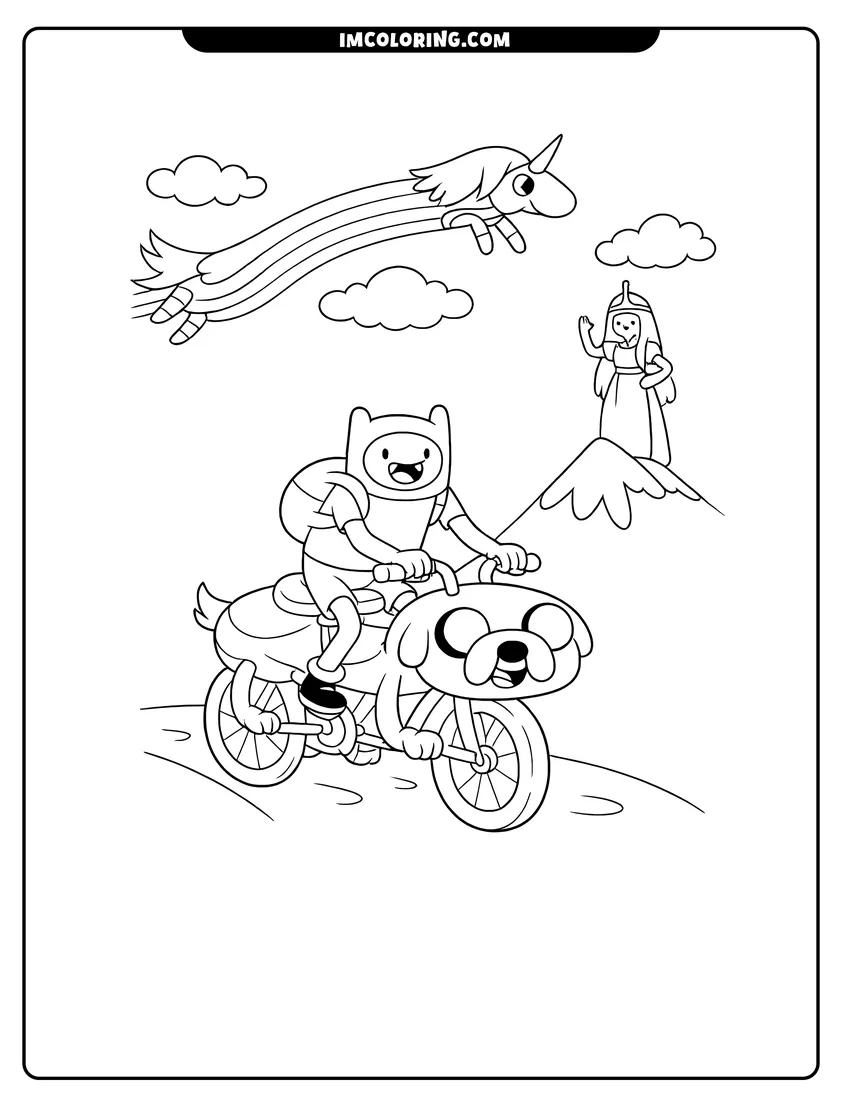 Easy-to-color Finn riding Jake like a bicycle illustration