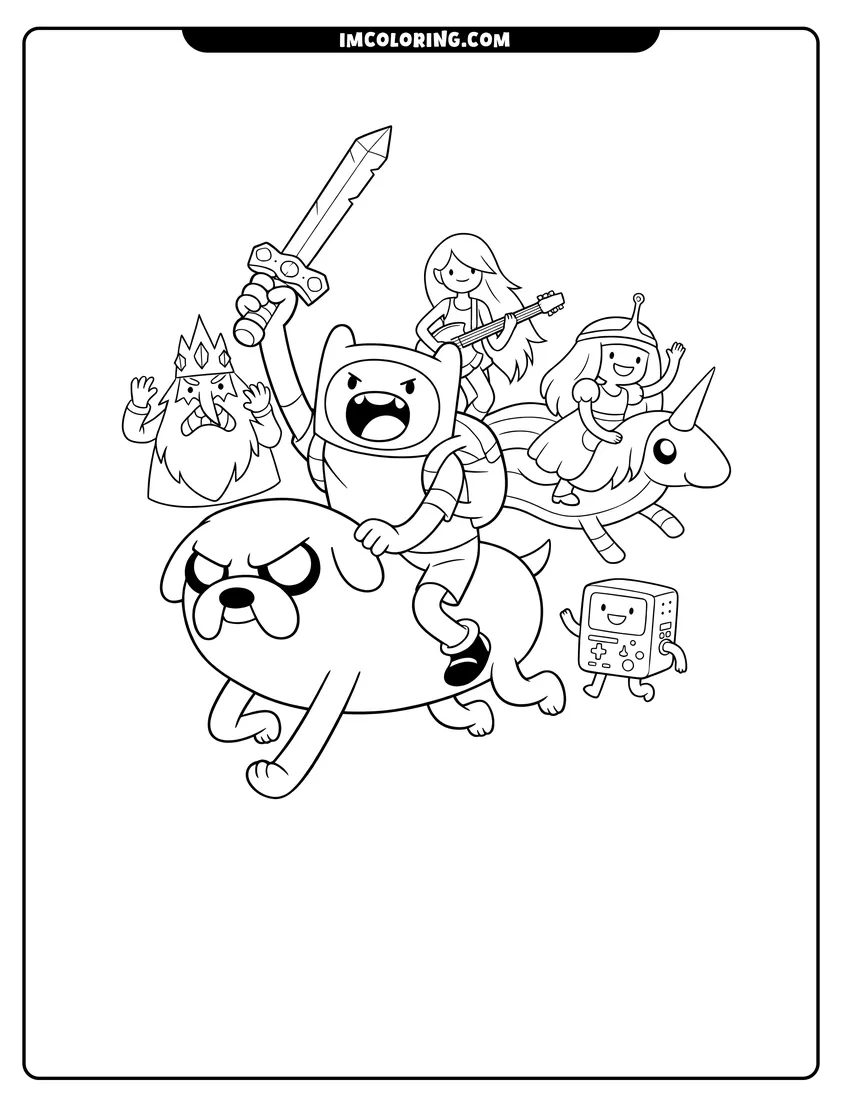 Printable outline of Finn holding a sword on Jake