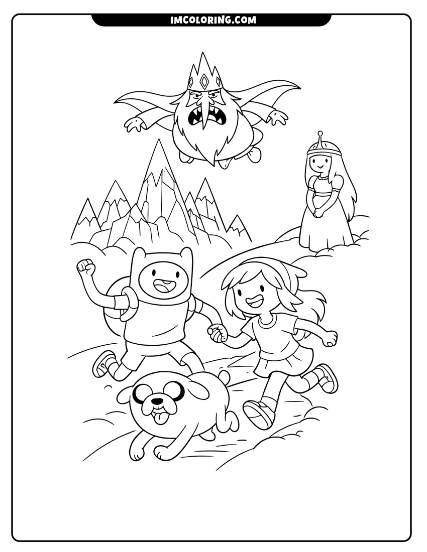 Detailed Finn and Jake running on a path design for coloring