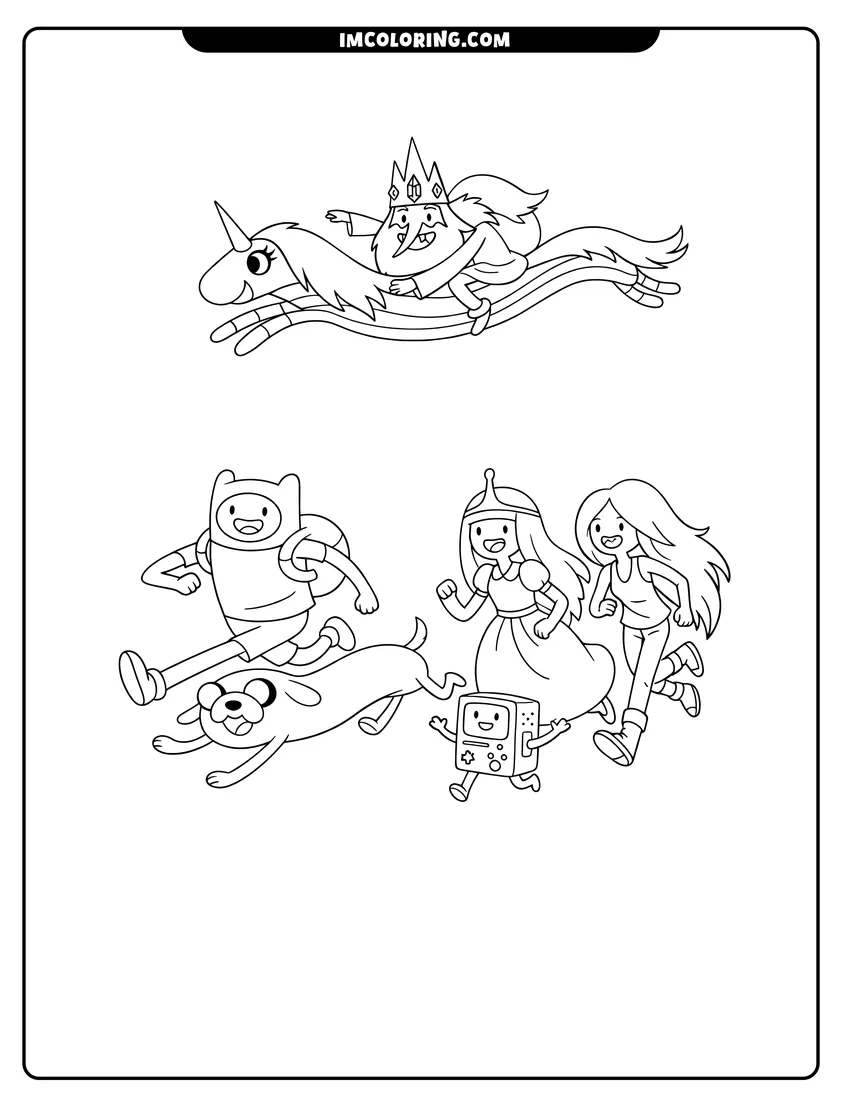 Detailed Jake stretching while running with Finn design for coloring