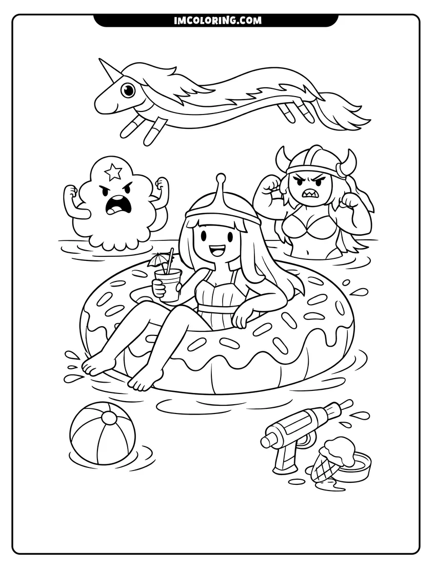 Easy-to-color Princess Bubblegum in a donut floatie illustration