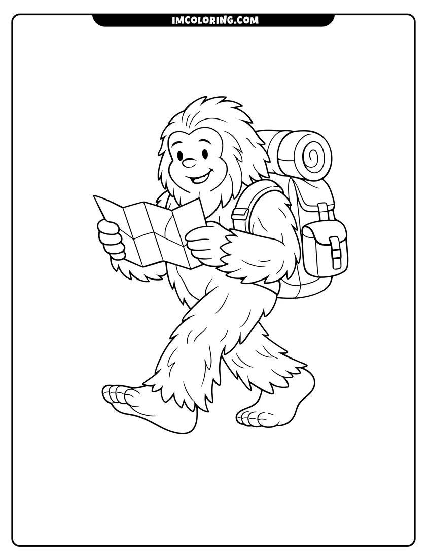 Black and white Adventurous Bigfoot Yeti wearing backpack and reading a map coloring sheet