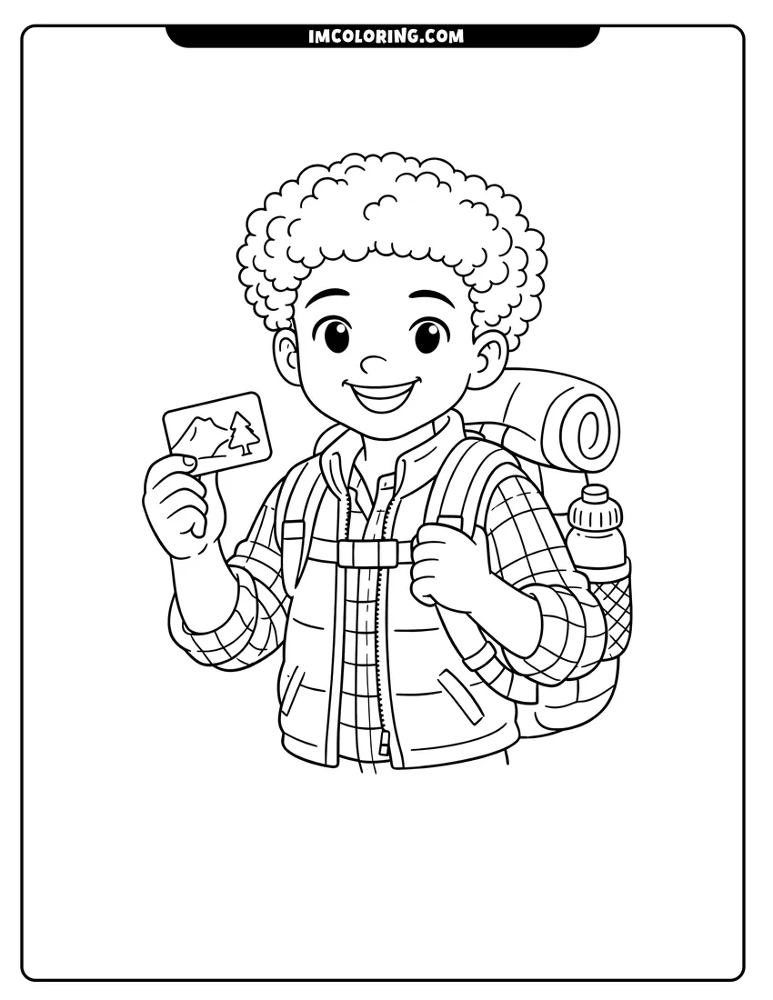 Kawaii style Black boy with a backpack going trekking coloring picture