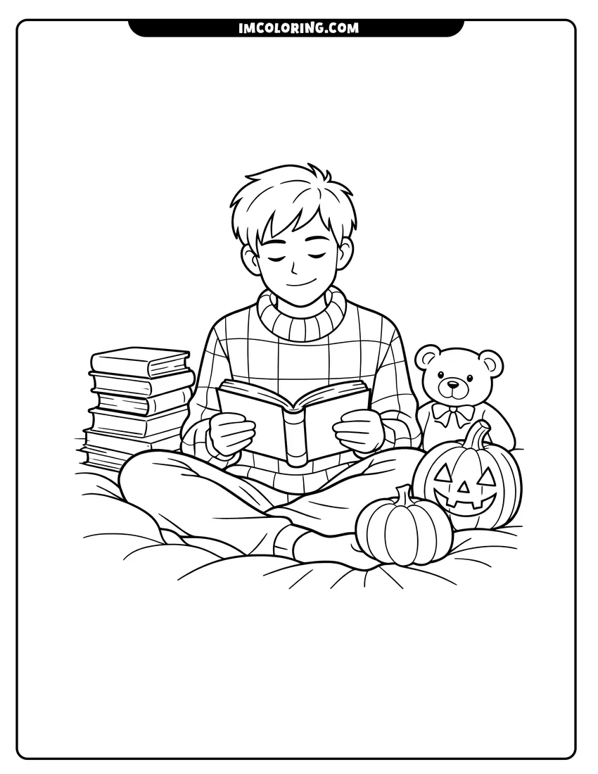 Coloring sheet of Young man reading a book on a messy bed for kids