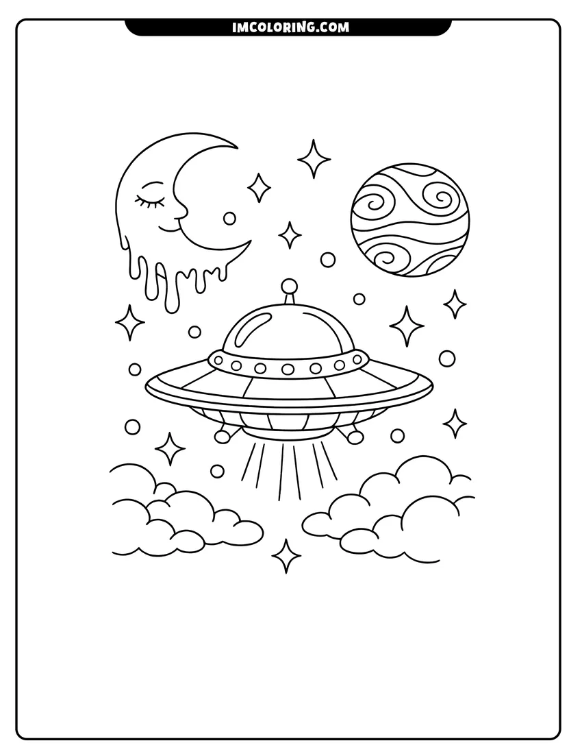 Black and white Flying saucer in space with a smiling crescent moon coloring sheet