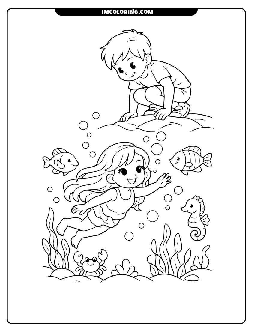 Boy on rocks watching girl swim underwater with fish coloring page for preschoolers