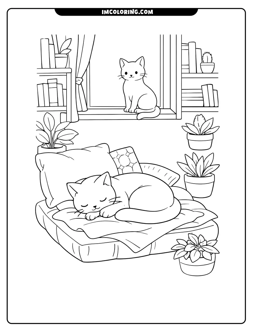 Two cats in a cozy room with a windowsill drawing meant for coloring