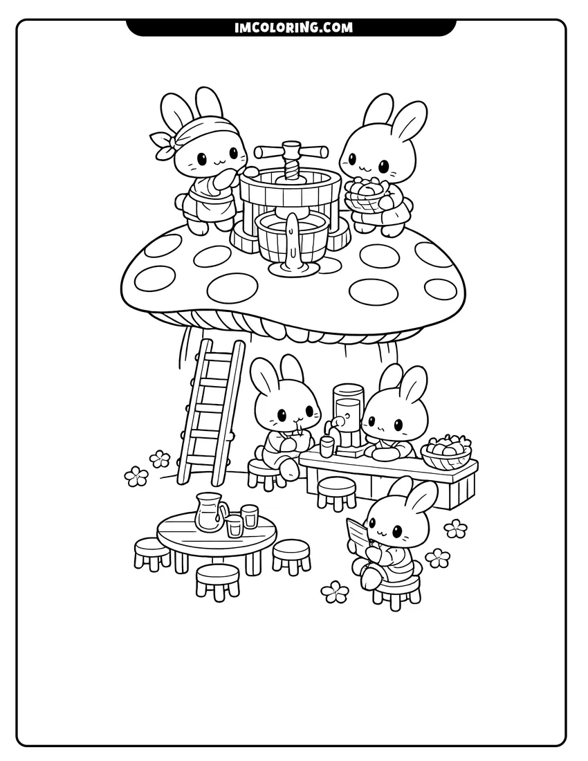 Kids activity sheet showing Chibi rabbits making juice from a giant spotted mushroom