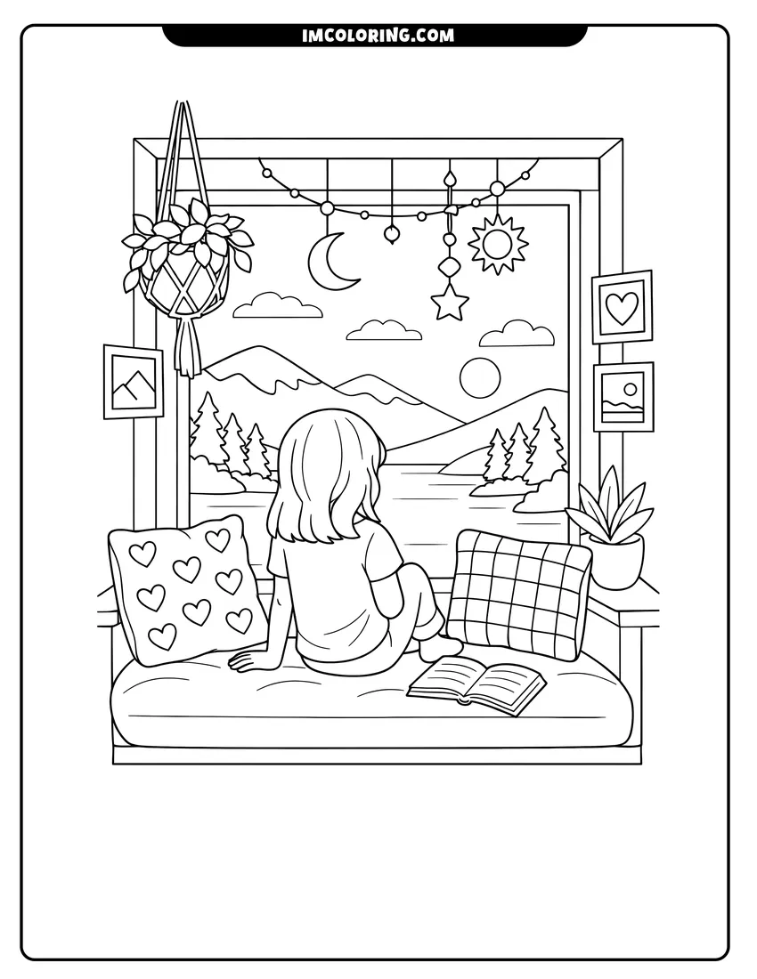 Printable coloring page featuring Cozy window seat with pillows and potted plants