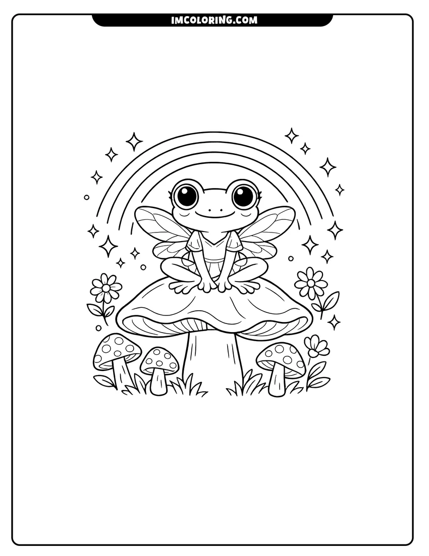 Outline of Fairy frog sitting on a mushroom under a rainbow on a white background