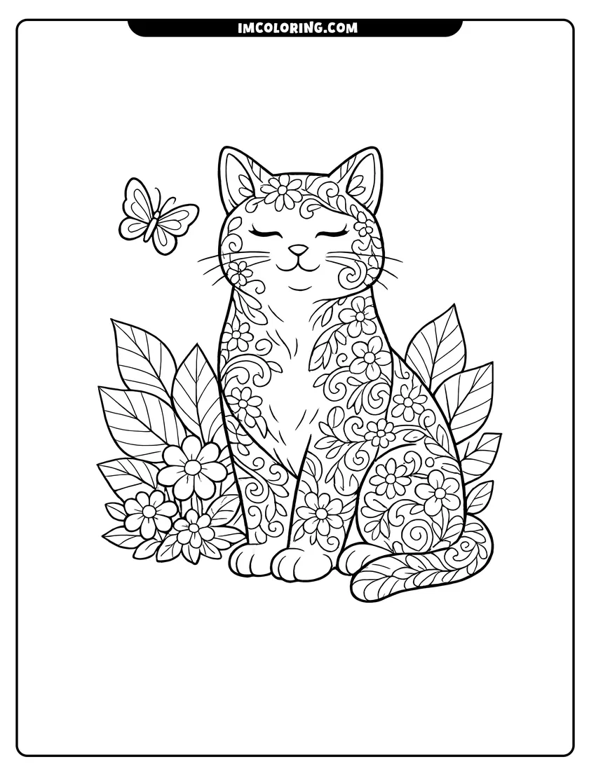 Easy-to-color Serene cat with floral patterns on its fur illustration