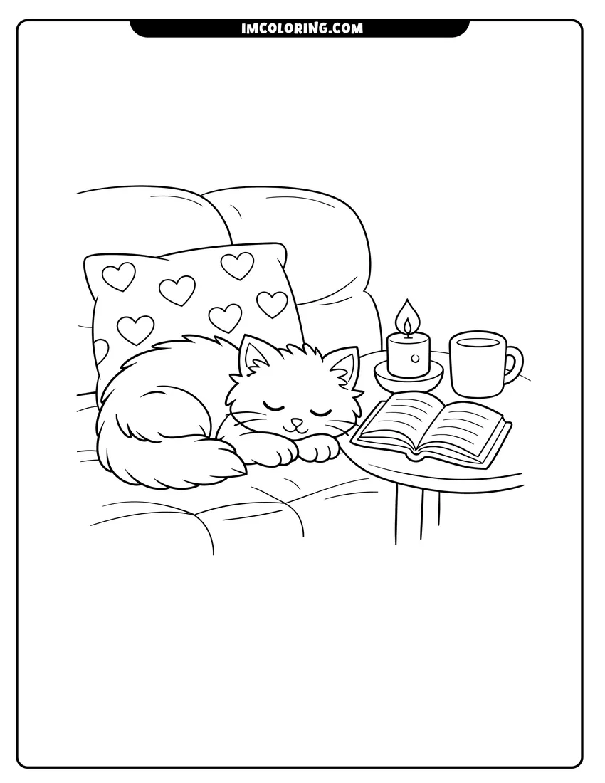 Cute Fluffy cat sleeping on a couch near a candle outline for coloring