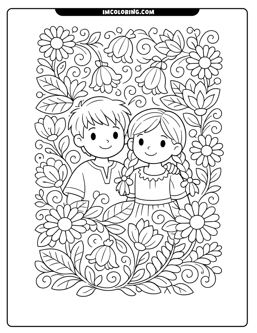 Illustration of Folk-art floral pattern with daisies and vines ready for painting