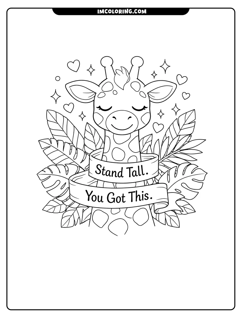 Scene showing Giraffe with a Stand Tall banner and jungle leaves to color
